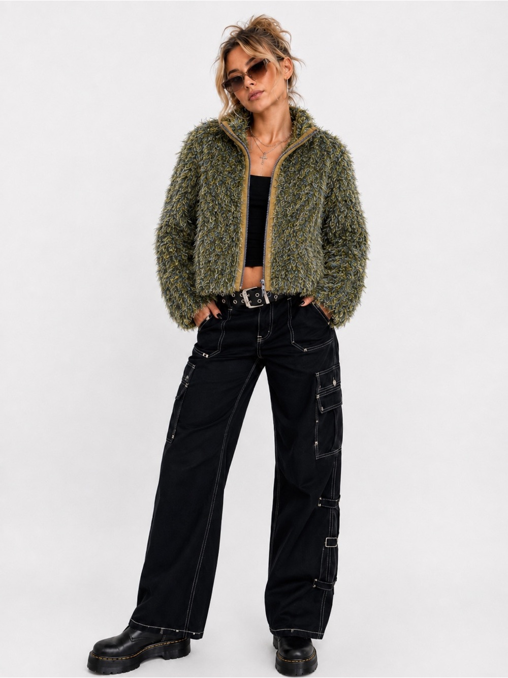 Y2K Jamie Sadock Shaggy Eyelash Faux Fur Zip Up Jacket Blue Green Small